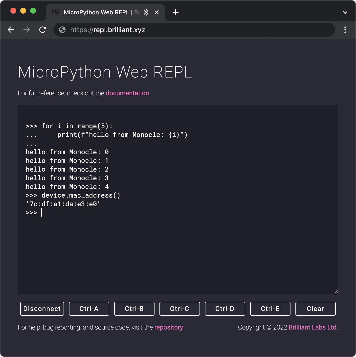 Accessing MicroPython on Monocle using the WebREPL interface
